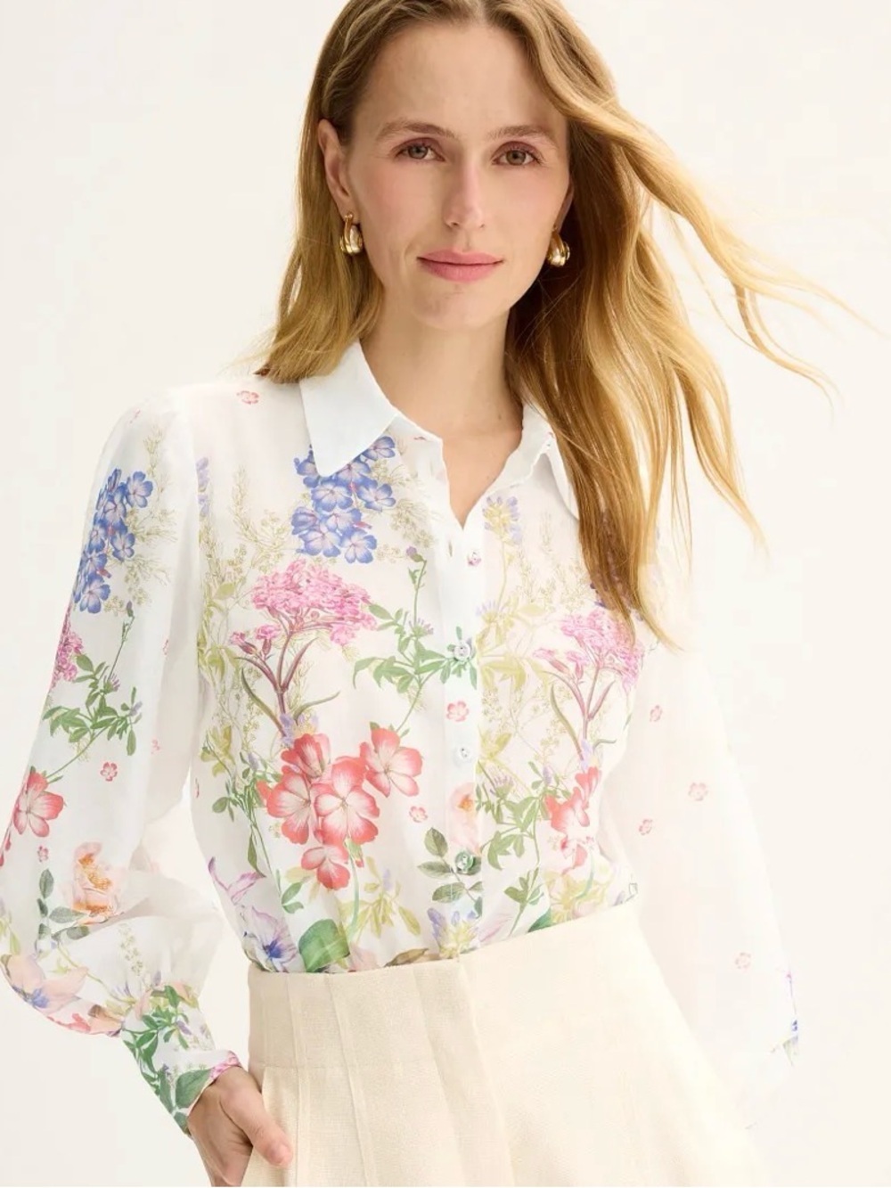 Charo Ruiz Blouse Aster Floral Print Button-Front Chiffon Blouse - White Sz M